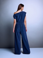 Navy Blue Off Shoulder Asymetric Tie Waist Sparkle Jersey Jumpsuit - Image 4 of 8