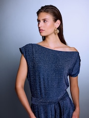 Navy Blue Off Shoulder Asymetric Tie Waist Sparkle Jersey Jumpsuit - Image 5 of 8