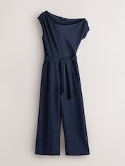 Navy Blue Off Shoulder Asymetric Tie Waist Sparkle Jersey Jumpsuit - Image 6 of 8