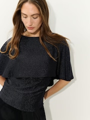 Navy Lurex Sparkle Cape Short Sleeve Top - Image 2 of 9