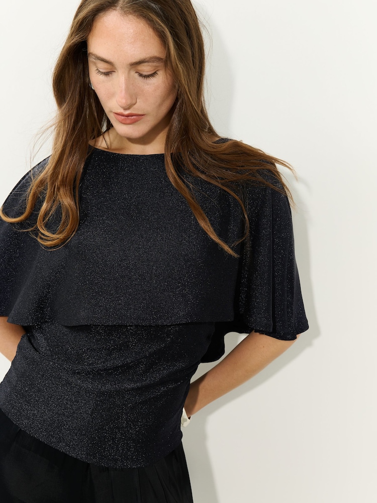 Navy Lurex Sparkle Cape Short Sleeve Top - Image 2 of 9