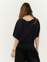 Navy Lurex Sparkle Cape Short Sleeve Top - Image 5 of 9