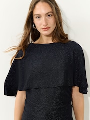 Navy Lurex Sparkle Cape Short Sleeve Top - Image 6 of 9