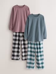 Blue/Brown Long Sleeve Woven Check Pyjamas 2 Pack (3-16yrs) - Image 1 of 6