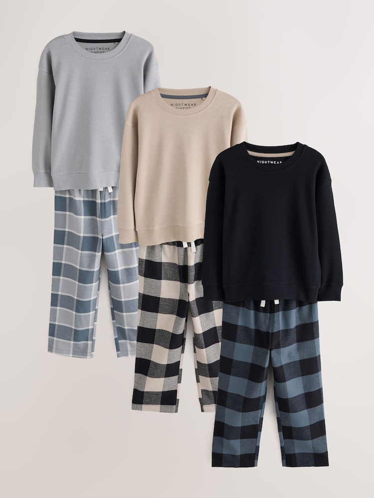Black/Stone/Grey Woven Check Pyjamas 3 Pack (3-16yrs) - Image 1 of 7 Black/Stone/Grey Woven Check Pyjamas 3 Pack (3-16yrs) - Image 1 of 7