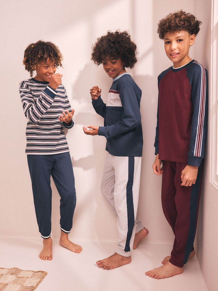 Navy/Burgundy Stripe Long Sleeve Jogger Pyjamas 3 Pack (3-16yrs) - Image 1 of 3