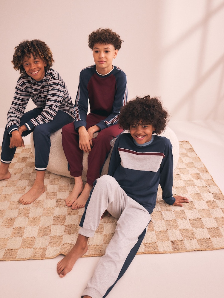 Navy/Burgundy Stripe Long Sleeve Jogger Pyjamas 3 Pack (3-16yrs) - Image 2 of 3