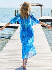 Sosandar Blue Abstract Print Tie Waist Maxi Kaftan - Image 2 of 5