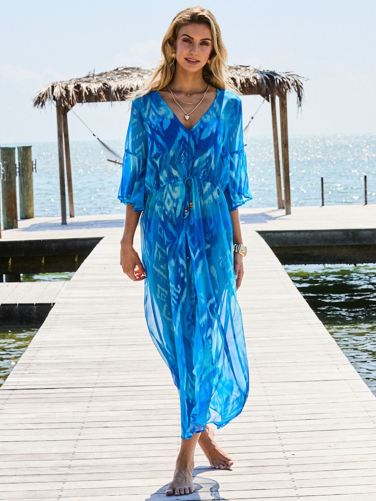 Sosandar Blue Abstract Print Tie Waist Maxi Kaftan - Image 5 of 5