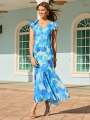 Sosandar Blue Floral Print Chiffon Angel Sleeve Dress - Image 1 of 5
