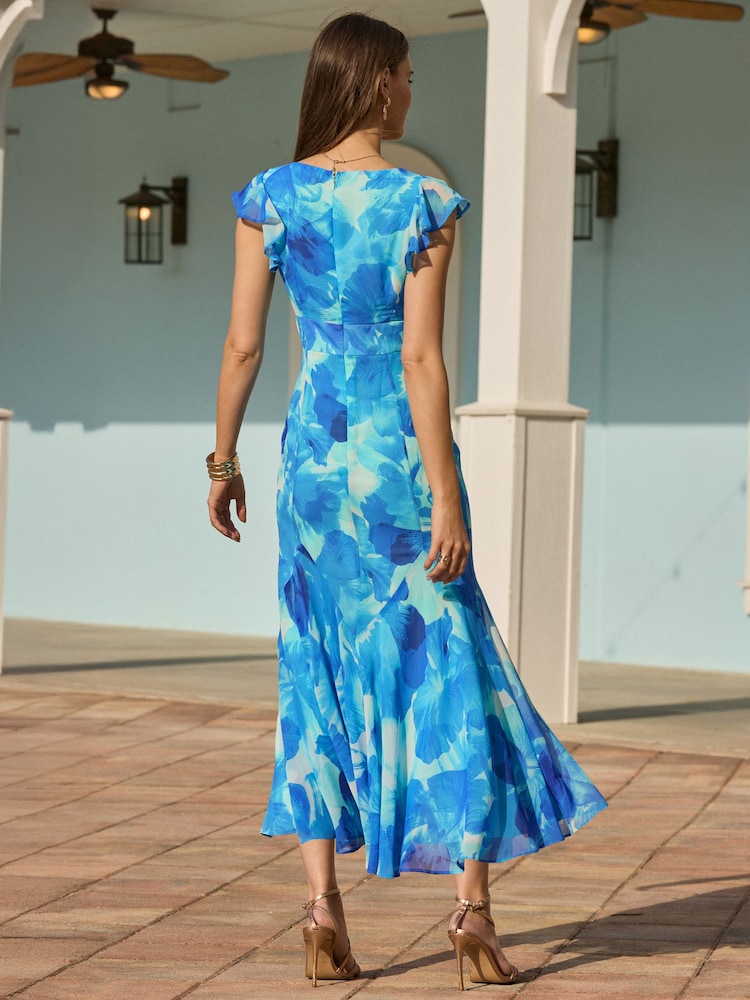 Sosandar Blue Floral Print Chiffon Angel Sleeve Dress - Image 2 of 5