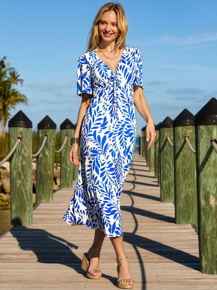 Sosandar Blue Floral Print Ruched Waist Fit & Flare Dress - Image 1 of 5