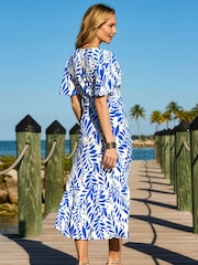 Sosandar Blue Floral Print Ruched Waist Fit & Flare Dress - Image 2 of 5