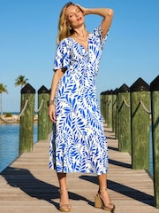 Sosandar Blue Floral Print Ruched Waist Fit & Flare Dress - Image 5 of 5