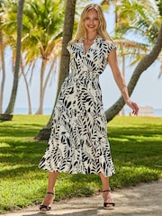 Sosandar Black Floral Print Shirred Waist Shirt Dress - Image 1 of 5