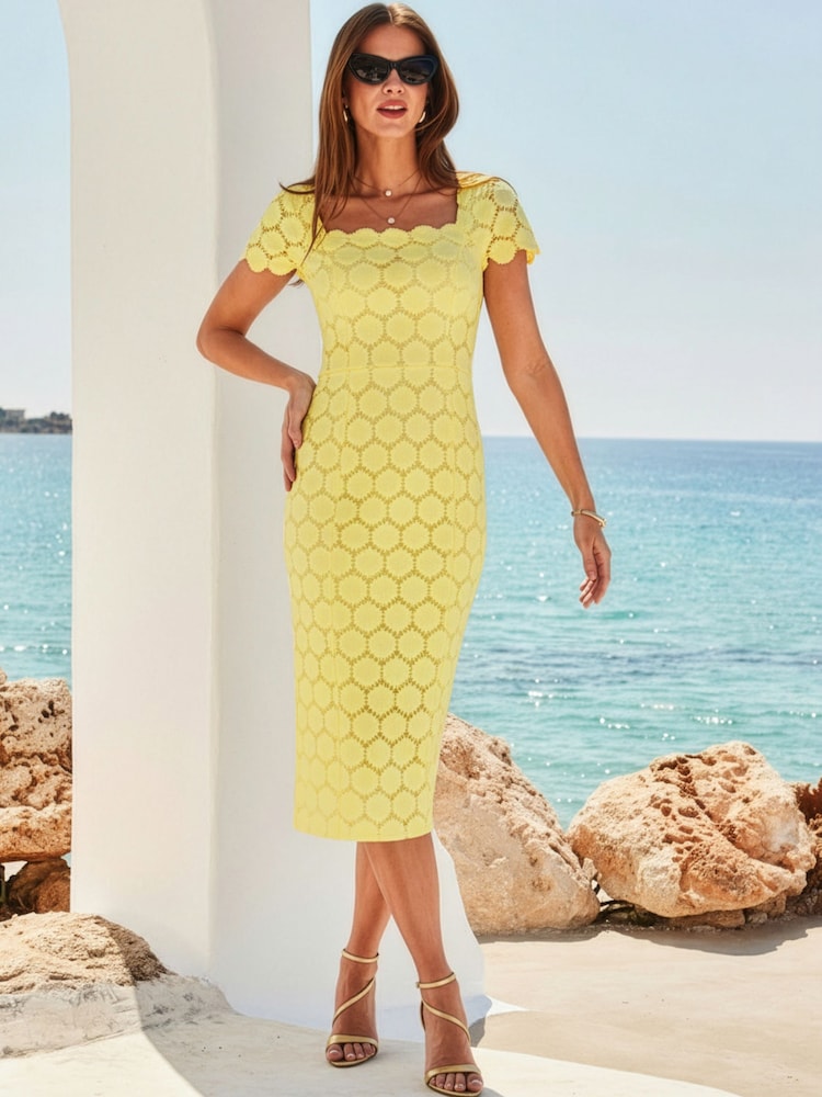 Sosandar Yellow Lace Square Neck Pencil Dress - Image 1 of 4