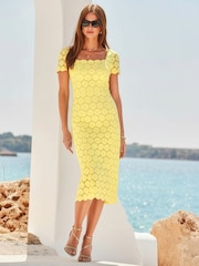Sosandar Yellow Lace Square Neck Pencil Dress - Image 3 of 4
