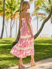 Sosandar Pink Paisley Print Crochet Detail Tiered Bandeau Dress - Image 2 of 5