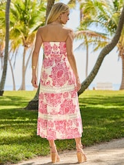 Sosandar Pink Paisley Print Crochet Detail Tiered Bandeau Dress - Image 3 of 5