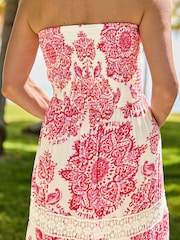 Sosandar Pink Paisley Print Crochet Detail Tiered Bandeau Dress - Image 4 of 5