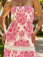 Sosandar Pink Paisley Print Crochet Detail Tiered Bandeau Dress - Image 5 of 5