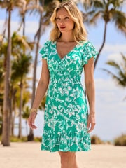 Sosandar Green Floral Print Stretch Waist Shirred Detail Fit & Flare Dress - Image 4 of 4
