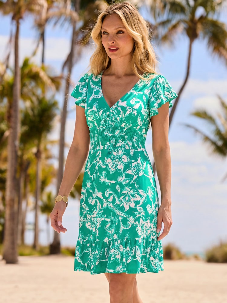 Sosandar Green Floral Print Stretch Waist Shirred Detail Fit & Flare Dress - Image 4 of 4