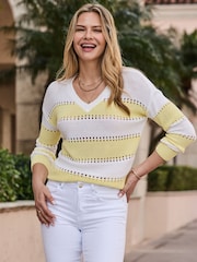 Sosandar Yellow Stripe Stitch Detail V-Neck Jumper - Image 1 of 5