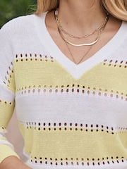 Sosandar Yellow Stripe Stitch Detail V-Neck Jumper - Image 4 of 5