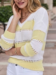 Sosandar Yellow Stripe Stitch Detail V-Neck Jumper - Image 5 of 5
