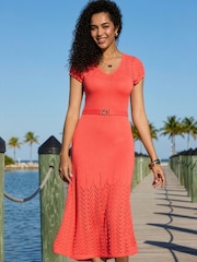 Sosandar Red Crochet Fit & Flare Midi Dress - Image 3 of 5