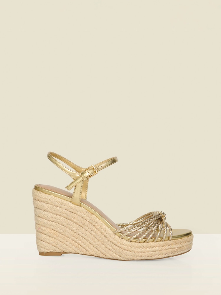 Sosandar Gold Metallic Plaited Strap Detail Jute Wedge Espadrilles - Image 1 of 4 Sosandar Gold Metallic Plaited Strap Detail Jute Wedge Espadrilles - Image 1 of 4