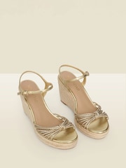 Sosandar Gold Metallic Plaited Strap Detail Jute Wedge Espadrilles - Image 2 of 4