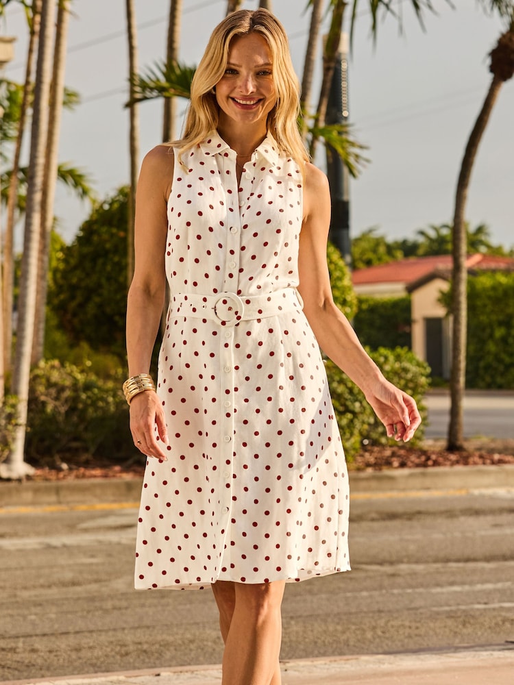 Sosandar White Spot Print Linen Blend Shirt Dress - Image 2 of 4