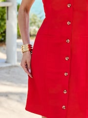 Sosandar Red Linen Blend Button Front Shift Dress - Image 4 of 5