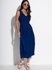 Pour Moi Navy Darcie V-Neck Shirred Bodice Midi Dress - Image 1 of 4