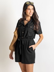 Pour Moi Black Paige Textured Woven Utility Playsuit - Image 1 of 4