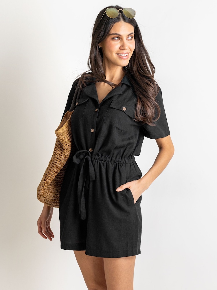 Pour Moi Black Paige Textured Woven Utility Playsuit - Image 1 of 4