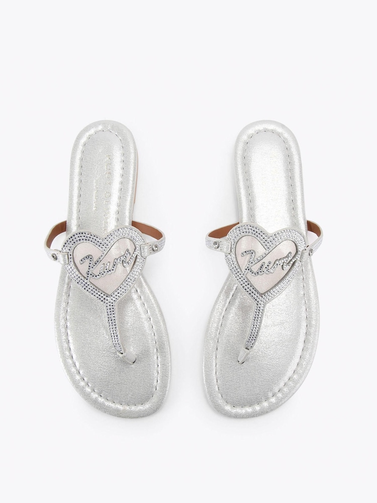 Kurt Geiger London Silver Heart T-Bar Flat Sandals - Image 2 of 4