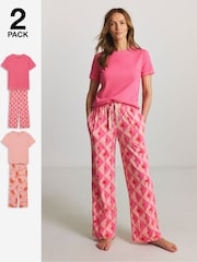 Simply Be Pink Ribbed T-Shirt Pyjamas Set 2 Pack - Image 1 of 4