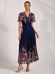 Jolie Moi Blue Floral Mirror Mesh Wrap Maxi Dress - Image 1 of 6