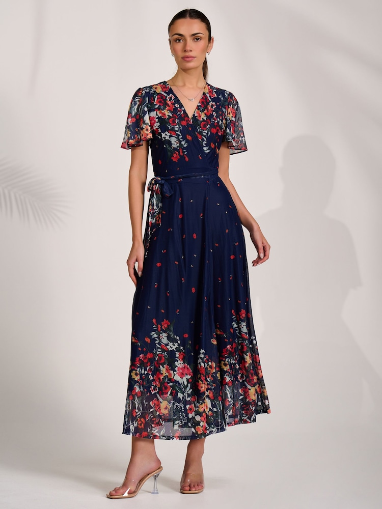 Jolie Moi Blue Floral Mirror Mesh Wrap Maxi Dress - Image 1 of 6