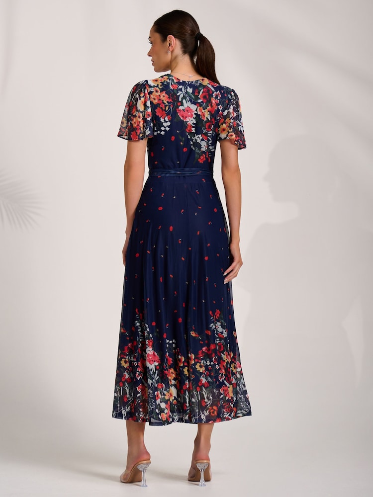 Jolie Moi Blue Floral Mirror Mesh Wrap Maxi Dress - Image 2 of 6