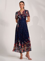 Jolie Moi Blue Floral Mirror Mesh Wrap Maxi Dress - Image 4 of 6