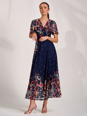 Jolie Moi Blue Floral Mirror Mesh Wrap Maxi Dress - Image 5 of 6
