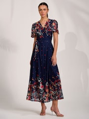 Jolie Moi Blue Floral Mirror Mesh Wrap Maxi Dress - Image 6 of 6