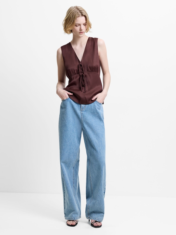 French Connection Brown Candice Satin Bow Tie Up Top - Image 1 of 5 French Connection Brown Candice Satin Bow Tie Up Top - Image 1 of 5