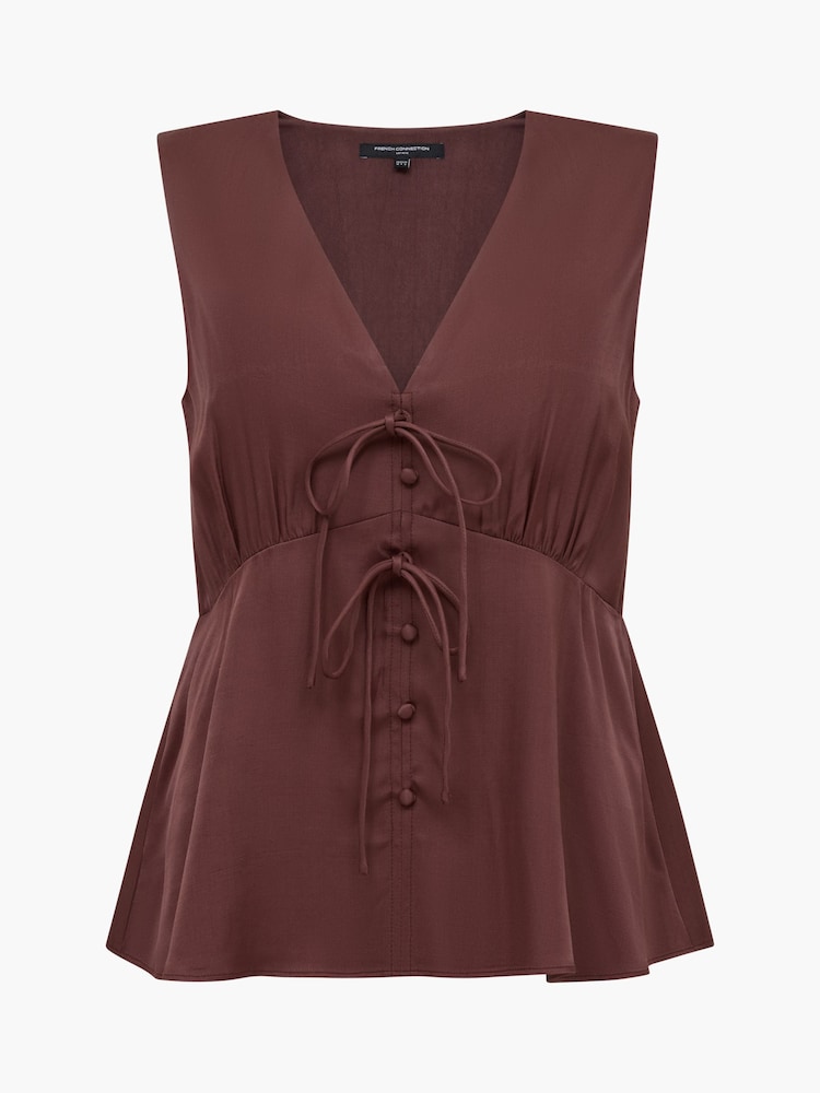 French Connection Brown Candice Satin Bow Tie Up Top - Image 5 of 5 French Connection Brown Candice Satin Bow Tie Up Top - Image 5 of 5