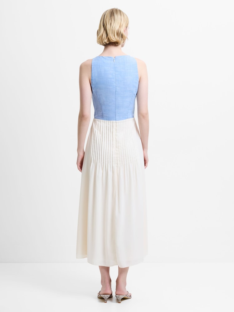 French Connection Blue Colby Chambray Mila Crepe Lace Mix Dress - Image 2 of 6