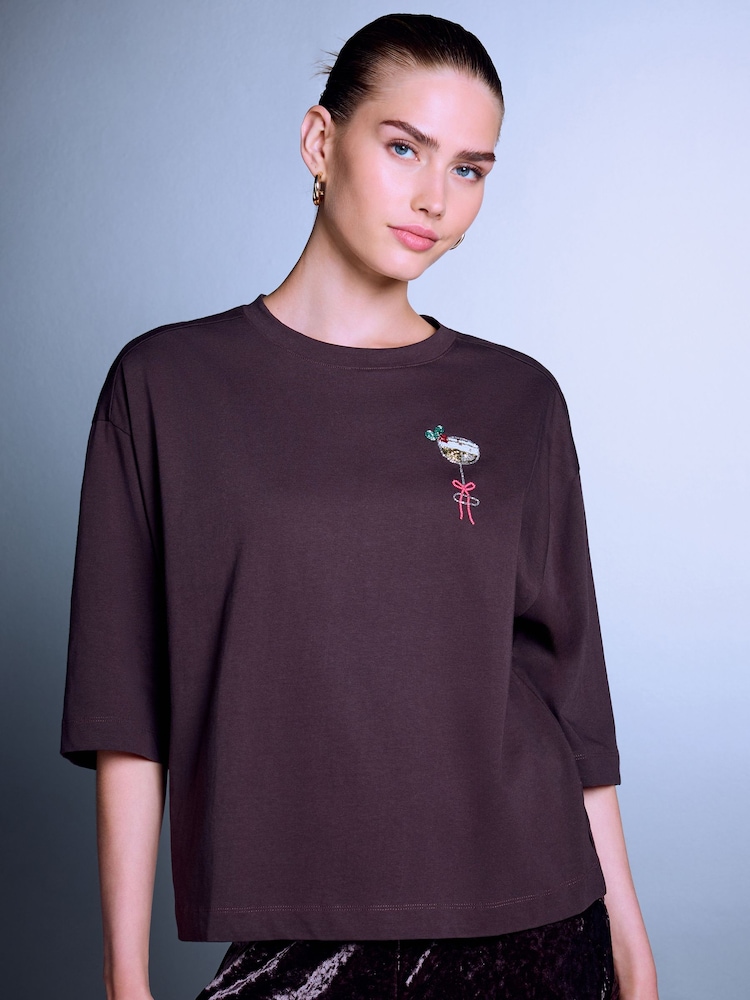 Chocolate Brown Espresso Martini Beaded Short Sleeve T-Shirt - Image 1 of 6 Chocolate Brown Espresso Martini Beaded Short Sleeve T-Shirt - Image 1 of 6